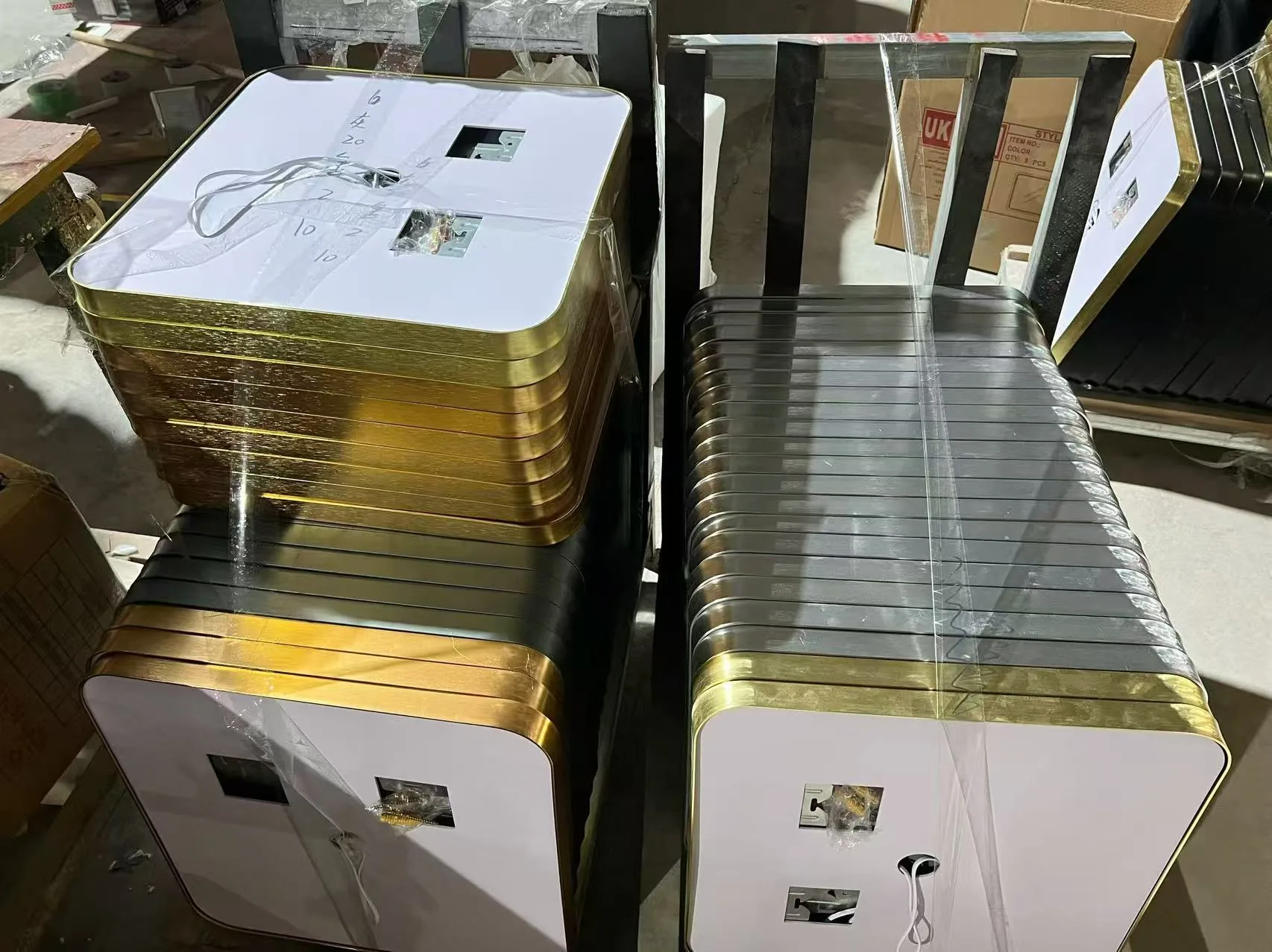 Aluminum frame LED bathroom mirror stock in factory workshop