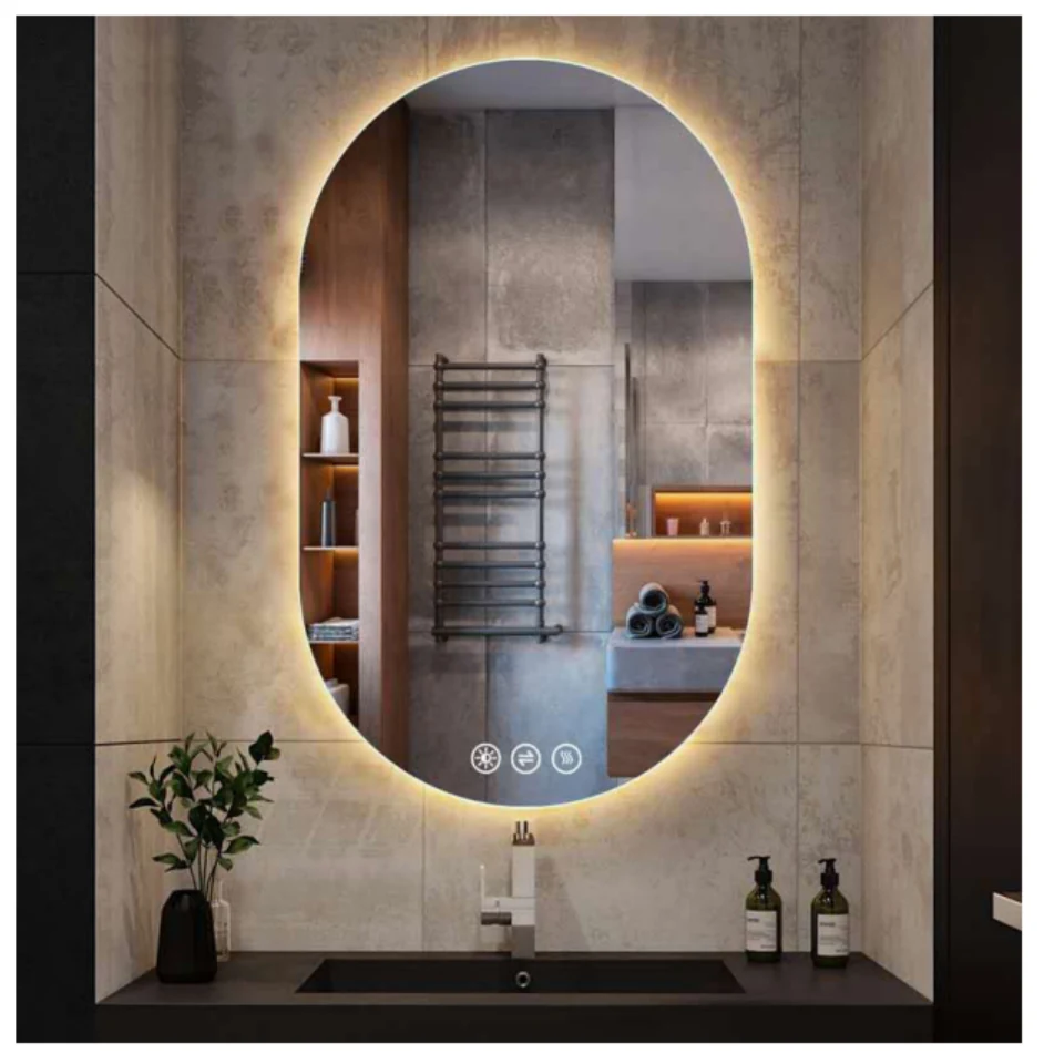 MK951 pill / racetrack LED bathroom mirror with backlit design